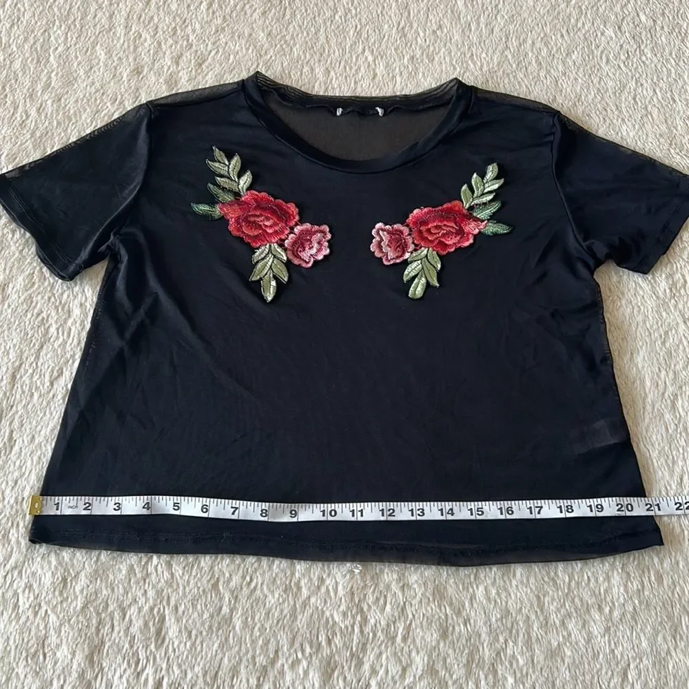 Black mesh rose embroidered shirt size small - Picture 12 of 16